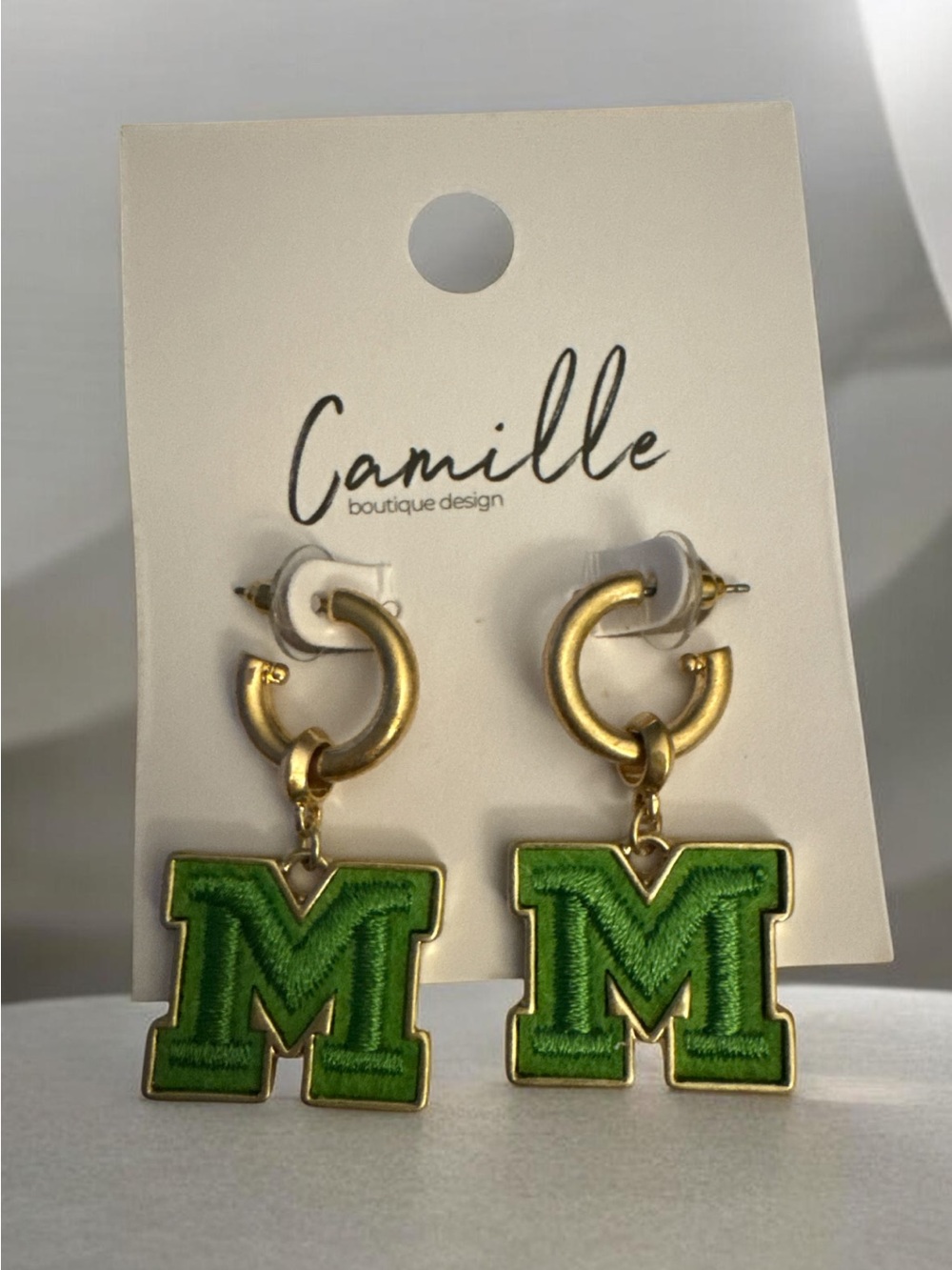 CAMILLE Green & Gold 'M' Initial Hoop Drop Earrings - NWT on CARD